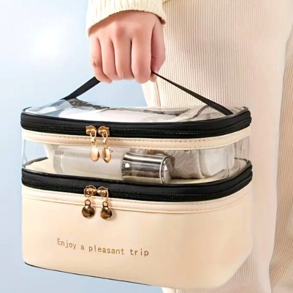 ✨NEW✨ Stylish Double-Layer Makeup Bag - Beige - Transparent - Picture 1 of 4